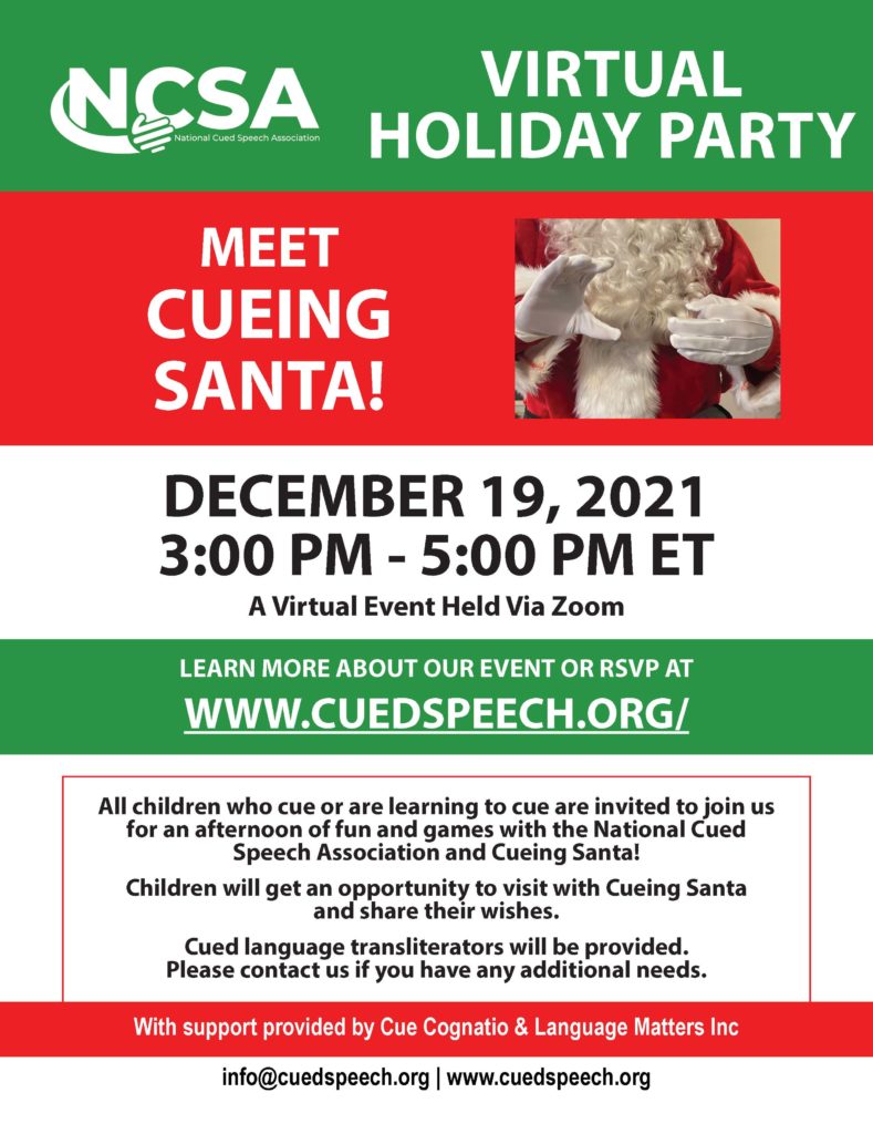 NCSA Virtual Holiday Party! Meet Cueing Santa! December 19, 2021, 3pm to 5pm Eastern time.