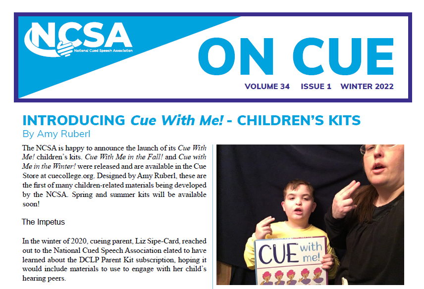 Screenshot of first page of On Cue Winter 2022 edition, with the headline Introducing Cue With Me! Children's Kits